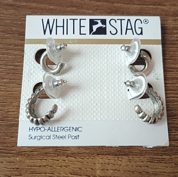 White Stag 2-Pair Silver Tone Textured Smooth Small Huggie Hoop Earring Set - Picture 2 of 4